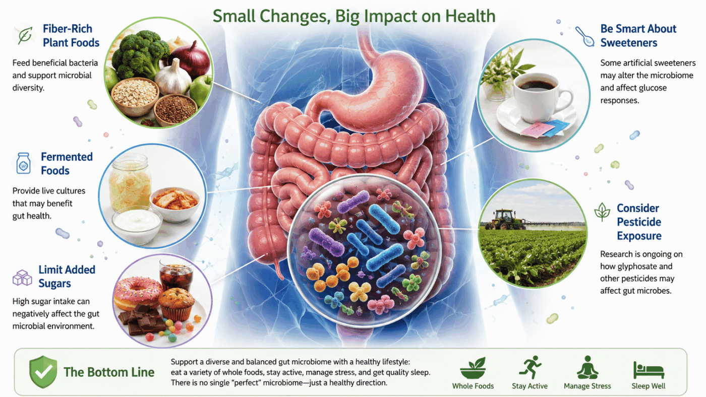 Illustration of the digestive system, gut microbes, fiber-rich plant foods, and fermented foods representing microbiome health.