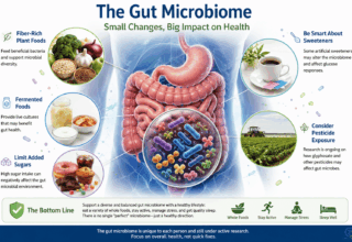 Illustration of the digestive system, gut microbes, fiber-rich plant foods, and fermented foods representing microbiome health.