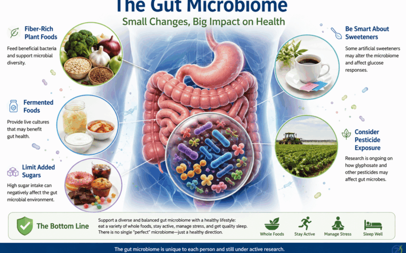 Illustration of the digestive system, gut microbes, fiber-rich plant foods, and fermented foods representing microbiome health.