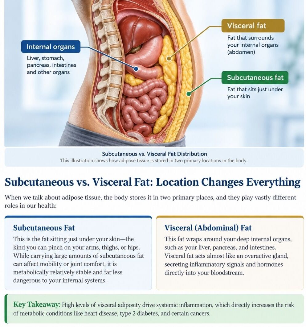 Medical illustration showing visceral fat surrounding abdominal organs and subcutaneous fat beneath the skin