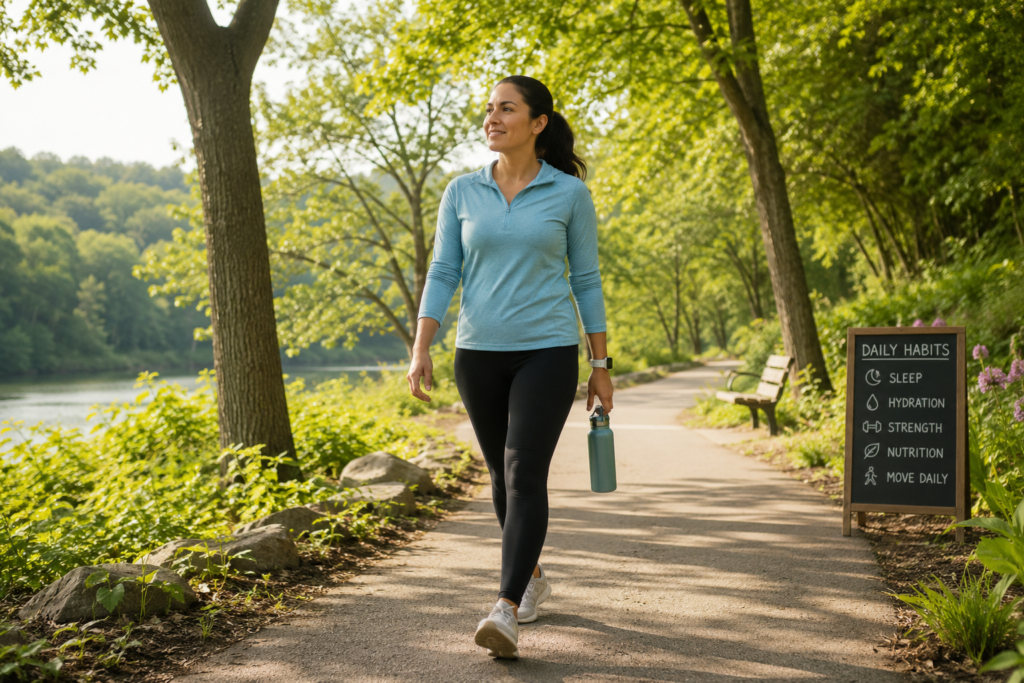 
Adult walking outdoors as an example of sustainable daily physical activity for weight management.