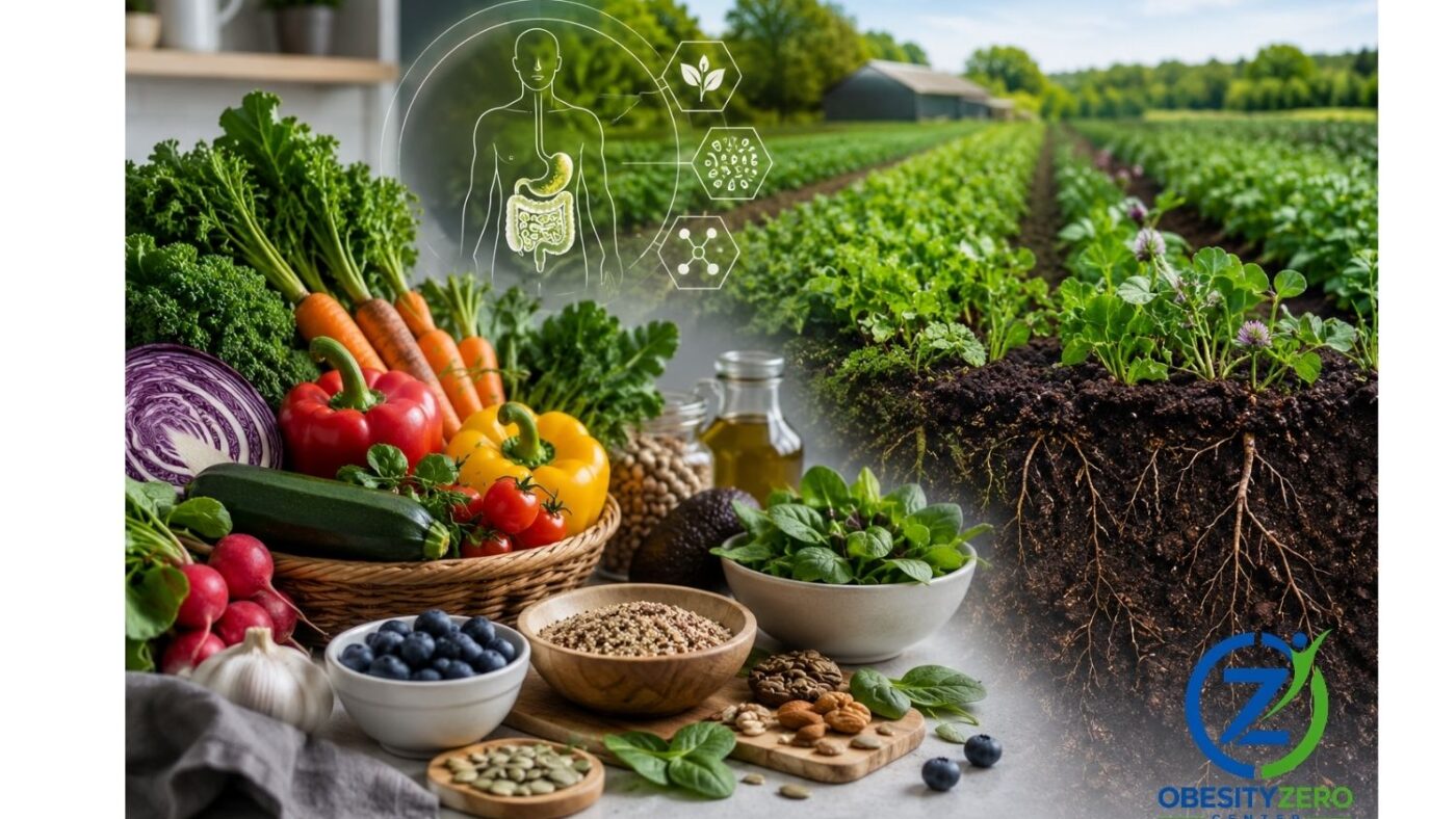 Fresh vegetables beside healthy agricultural soil and cover crops, representing research into food quality, farming practices and metabolic health.