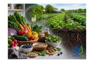 Fresh vegetables beside healthy agricultural soil and cover crops, representing research into food quality, farming practices and metabolic health.