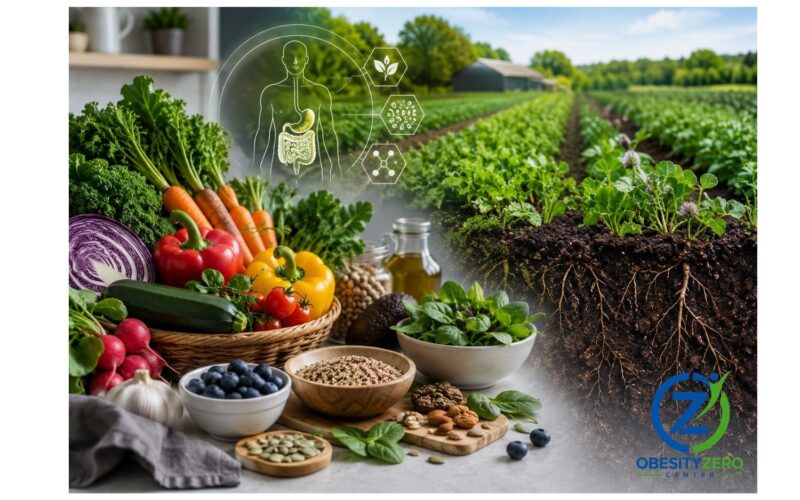 Fresh vegetables beside healthy agricultural soil and cover crops, representing research into food quality, farming practices and metabolic health.