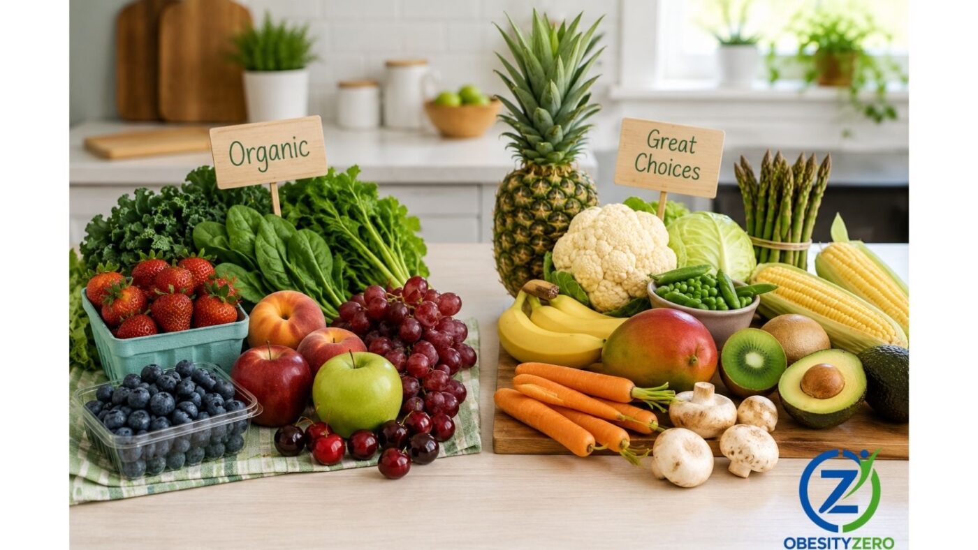 Fresh fruits and vegetables arranged for a comparison of organic and conventional produce shopping choices.