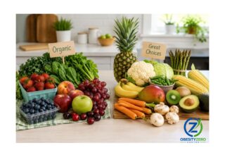 Fresh fruits and vegetables arranged for a comparison of organic and conventional produce shopping choices.