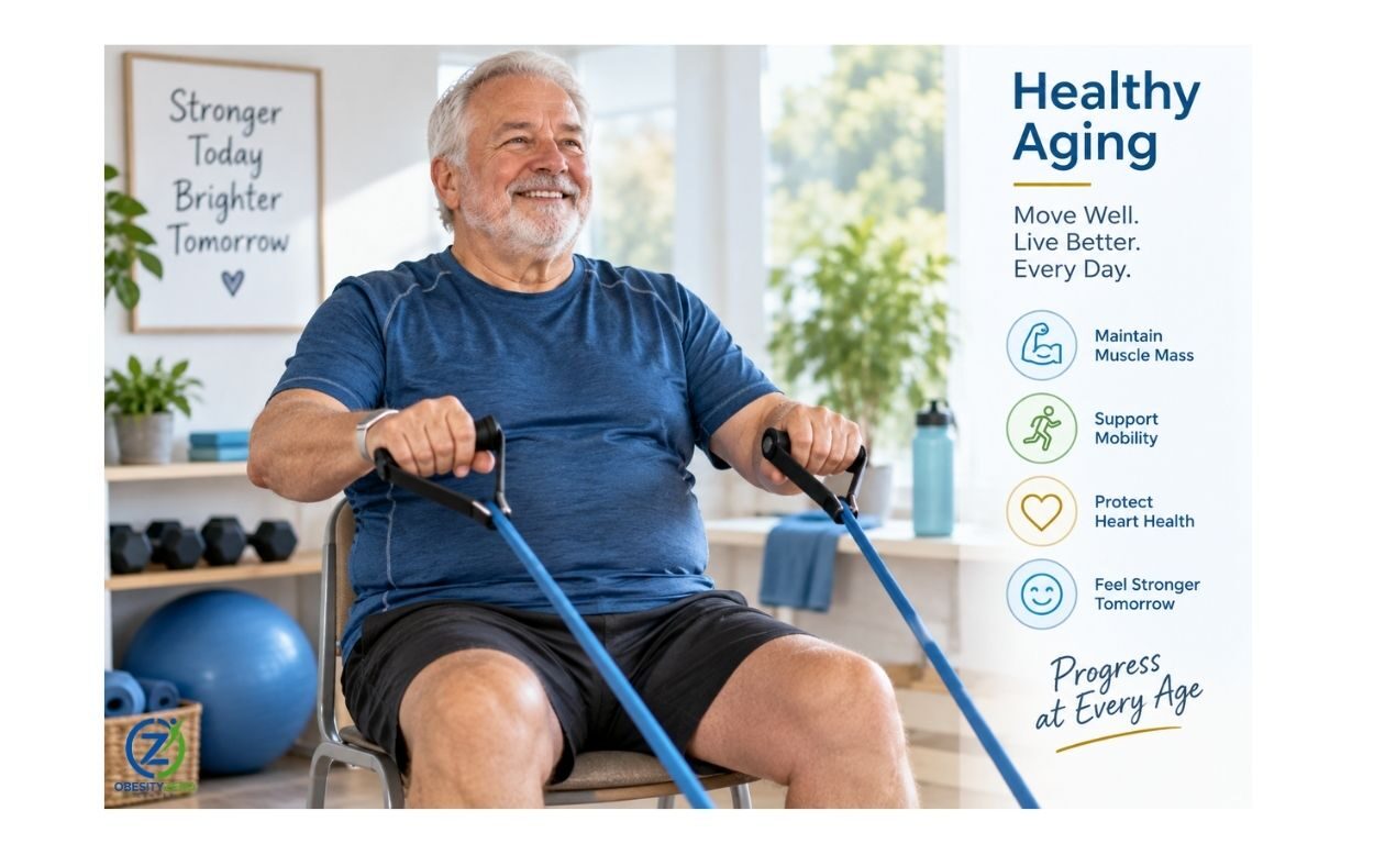 Older adult with a larger body doing resistance exercise to support strength and healthy aging