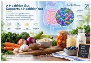 Fiber-rich and fermented foods alongside a scientific visualization of the gut microbiome