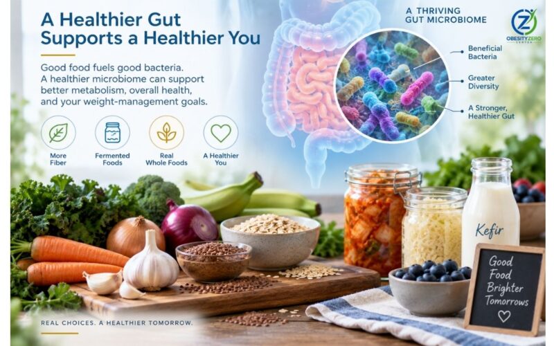 Fiber-rich and fermented foods alongside a scientific visualization of the gut microbiome