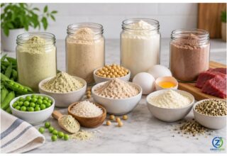 Assortment of plant-based and dairy-free protein sources representing alternatives to whey protein