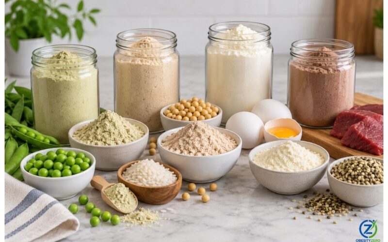 Assortment of plant-based and dairy-free protein sources representing alternatives to whey protein