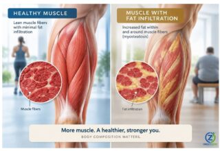 Medical illustration comparing healthy skeletal muscle with muscle containing increased fat infiltration associated with obesity