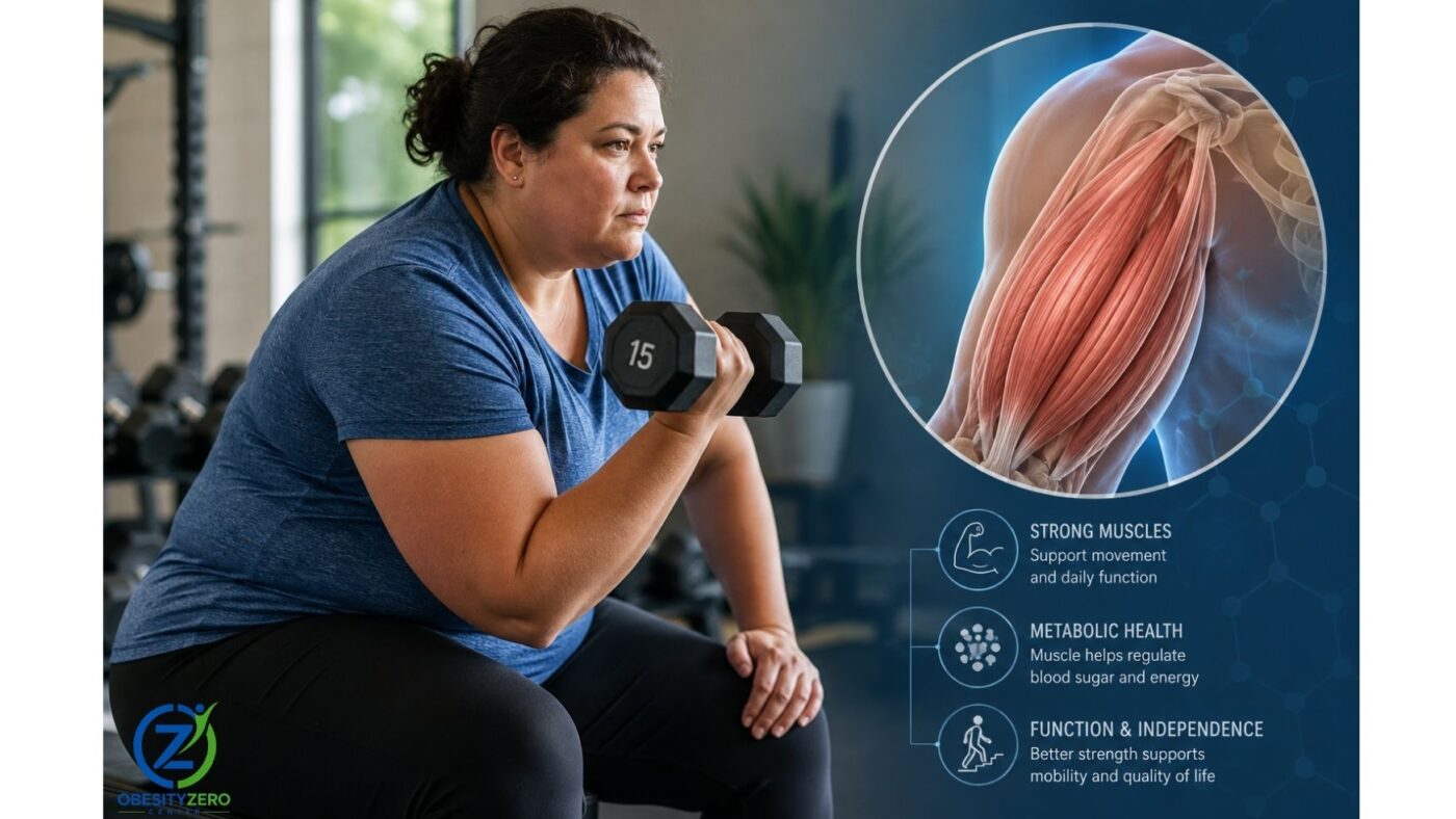 Adult performing resistance exercise with a subtle skeletal muscle illustration representing muscle health and sarcopenic obesity.