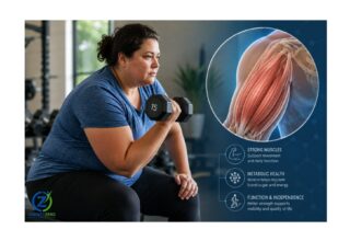 Adult performing resistance exercise with a subtle skeletal muscle illustration representing muscle health and sarcopenic obesity.