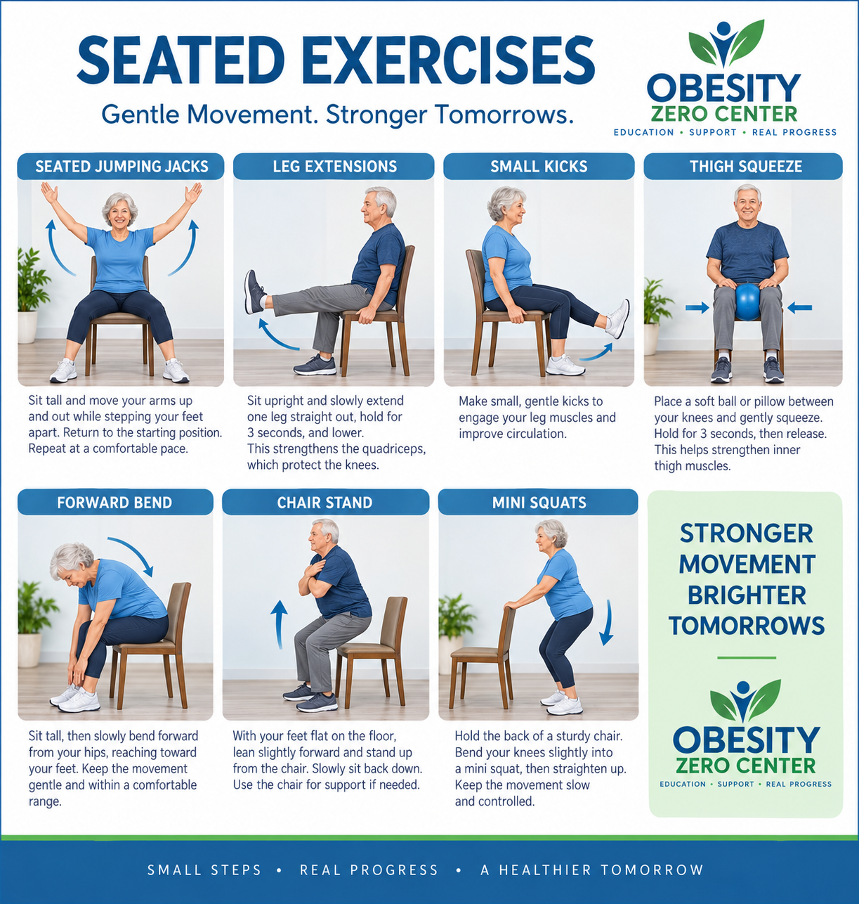OZC seated exercise guide showing gentle movements for older adults including seated jumping jacks, leg extensions, small kicks, thigh squeeze, forward bend, chair stand, and mini squats