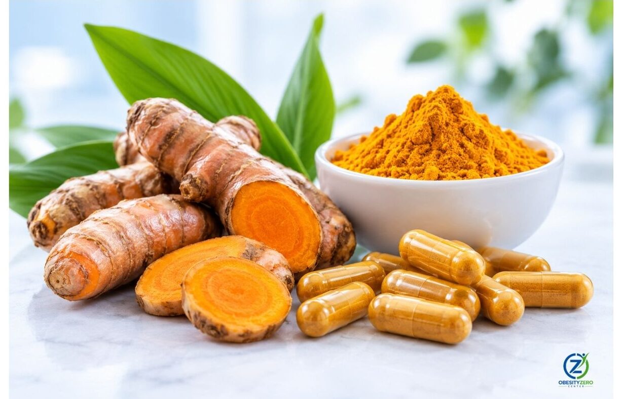 Fresh turmeric root, sliced turmeric, and curcumin supplement capsules representing turmeric and curcumin for weight management