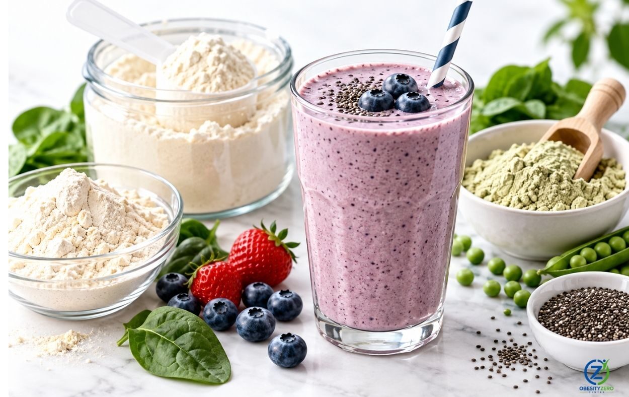 Protein shake with whey and plant-based ingredients representing protein powder options for weight management