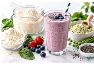 Protein shake with whey and plant-based ingredients representing protein powder options for weight management