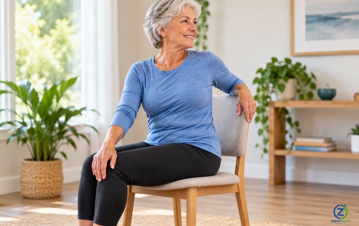 Older adult practicing a gentle chair yoga exercise while seated in a sturdy chair