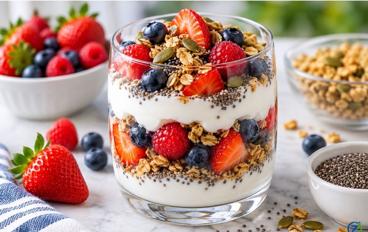 Greek yogurt parfait layered with mixed berries, chia seeds, and granola