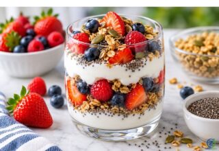 Greek yogurt parfait layered with mixed berries, chia seeds, and granola