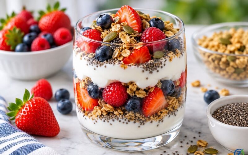 Greek yogurt parfait layered with mixed berries, chia seeds, and granola