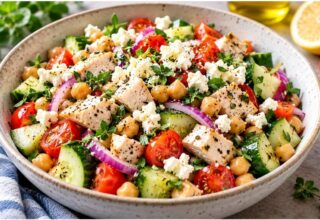 Mediterranean chicken and chickpea salad with cucumber, tomatoes, red onion, and feta