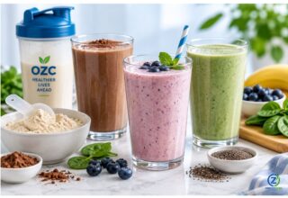 Protein shakes and protein powder with whole-food ingredients representing different protein options for weight management