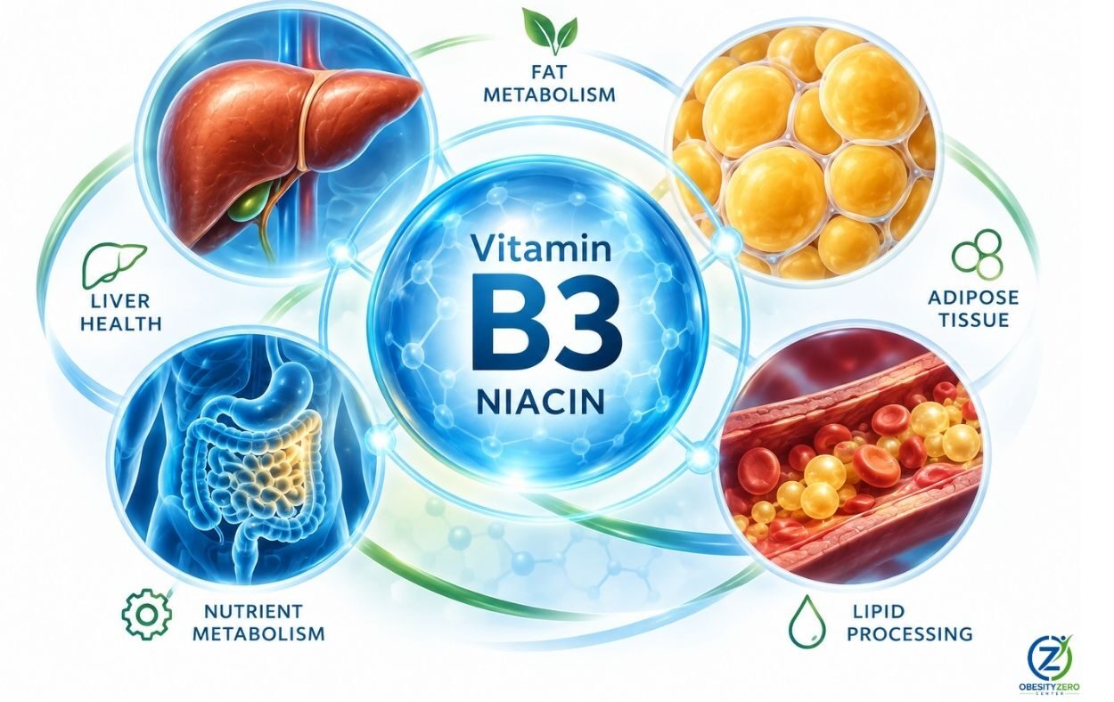 Illustration representing Vitamin B3, niacin, fat metabolism, and metabolic health